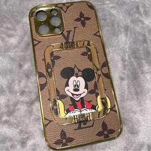 Louis Vuitton Style Brown Mickey Mouse Phone Case with Gold Trim